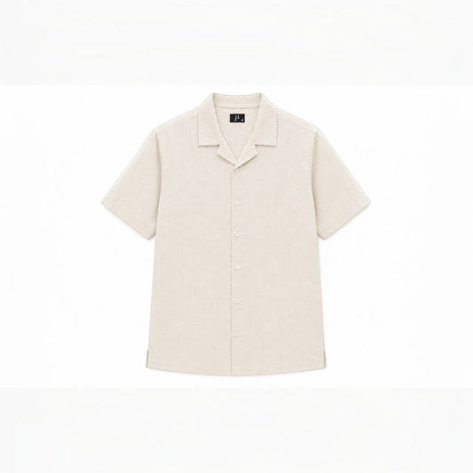 MU SHOP beige linen short-sleeve shirt with a relaxed fit and soft collar.