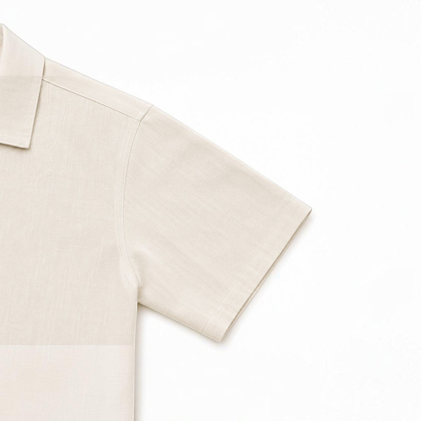 MU SHOP beige linen short-sleeve shirt with a soft collar and relaxed fit.
