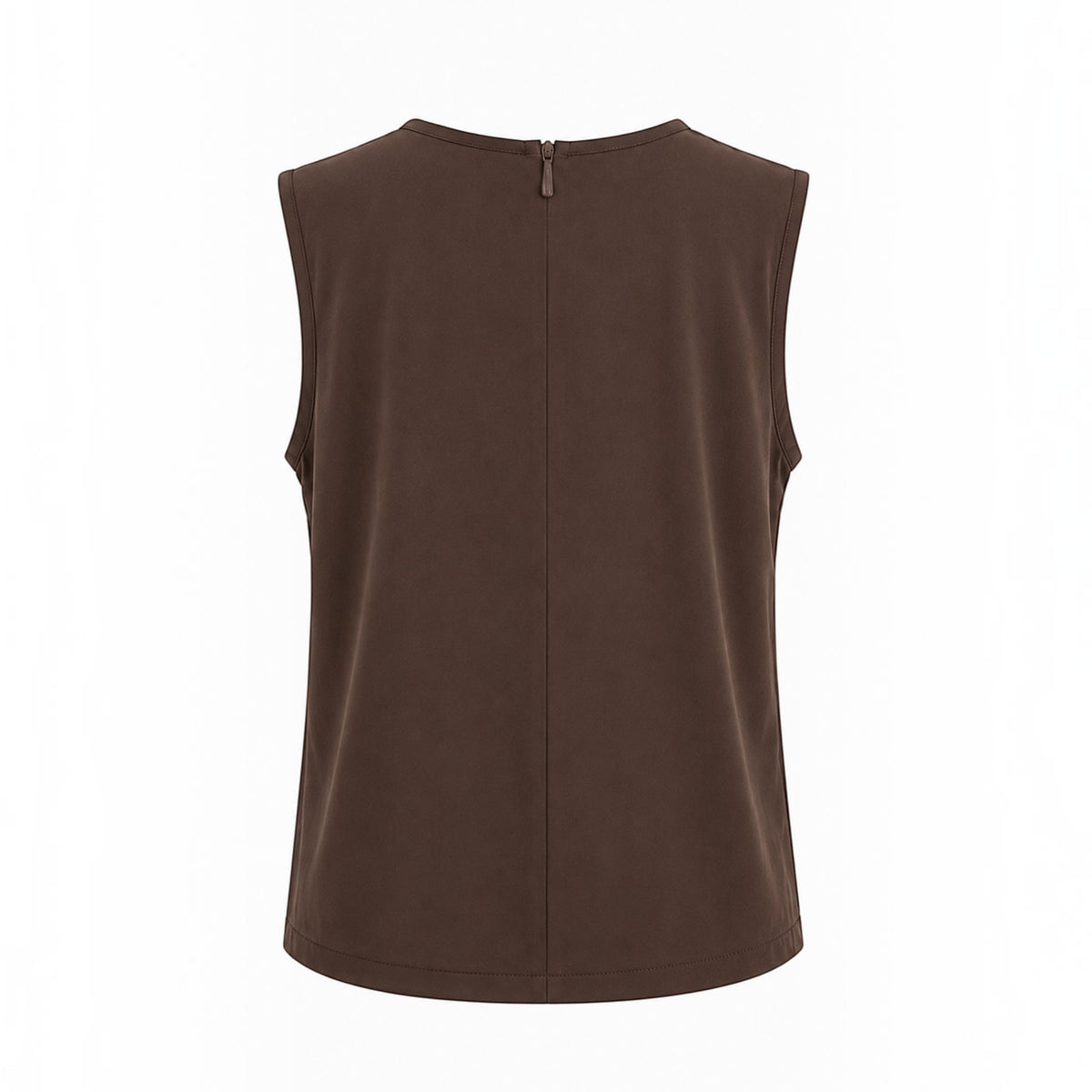 Back view of MU SHOP brown sleeveless top with a small zipper detail at the neckline in soft breathable fabric.