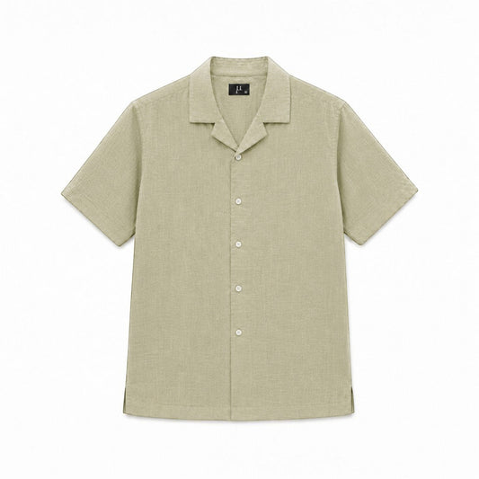 MU SHOP Men's short-sleeve olive green linen shirt with camp collar and white buttons.