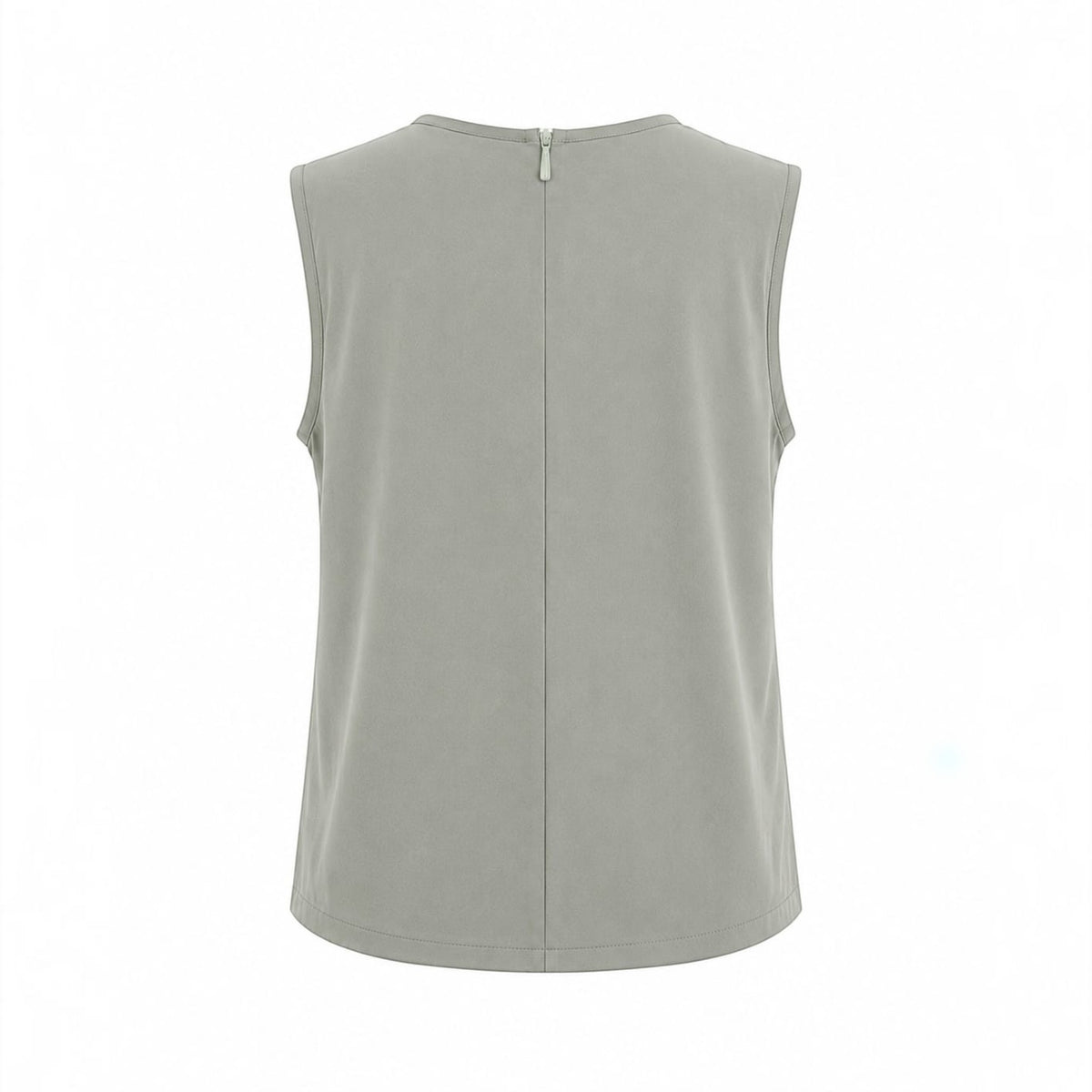 Back view of the MU SHOP sleeveless top in army green, featuring a soft, breathable fabric and a back zip closure.
