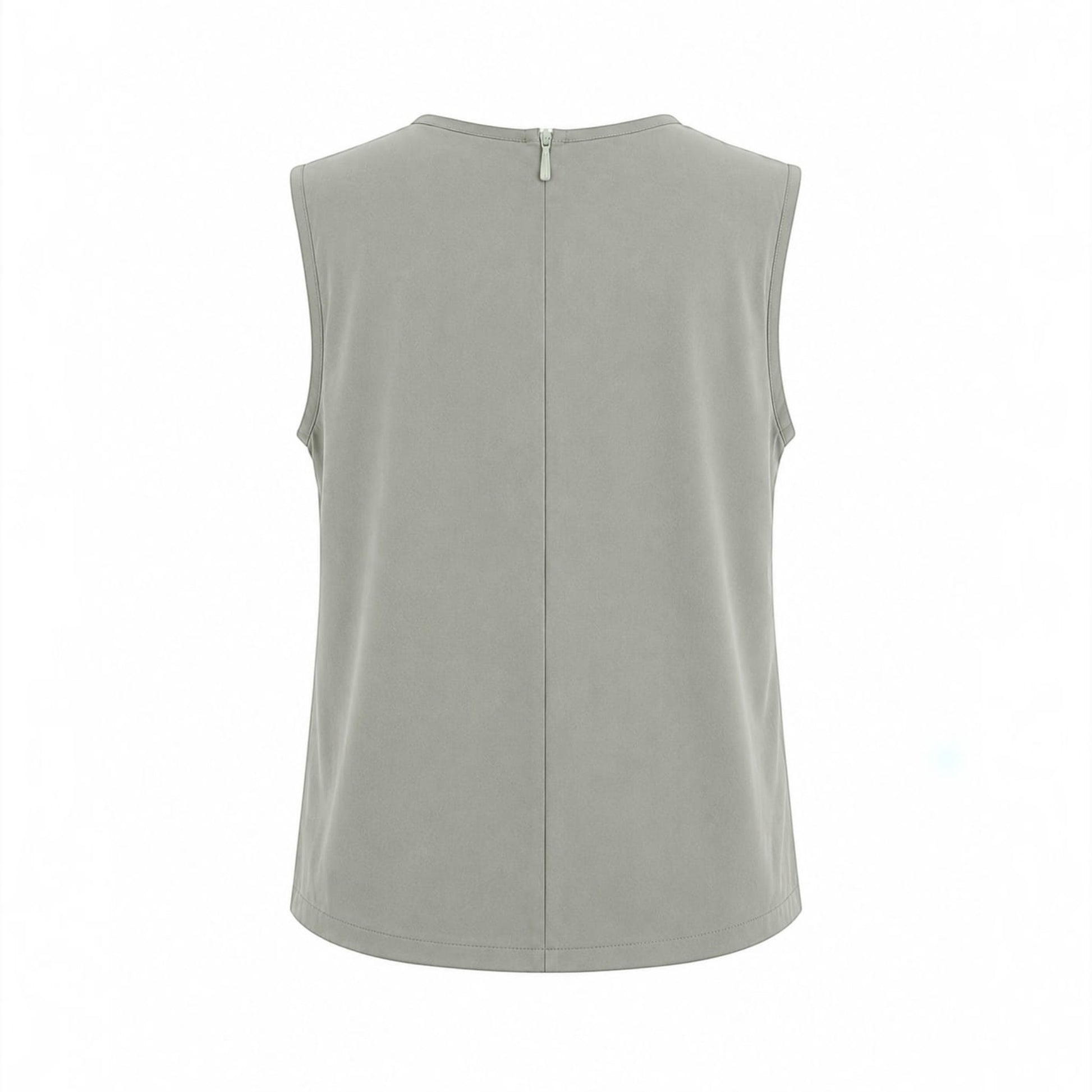 Back view of the MU SHOP sleeveless top in army green, featuring a soft, breathable fabric and a back zip closure.