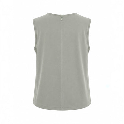 Back view of the MU SHOP sleeveless top in army green, featuring a soft, breathable fabric and a back zip closure.
