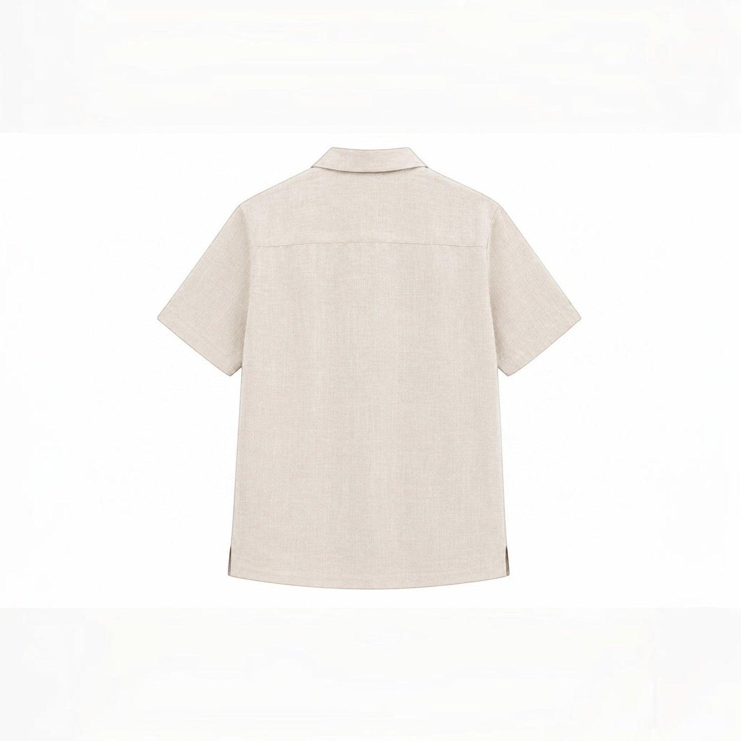 MU SHOP beige linen short-sleeve shirt with a soft collar and rounded hem. Relaxed fit.