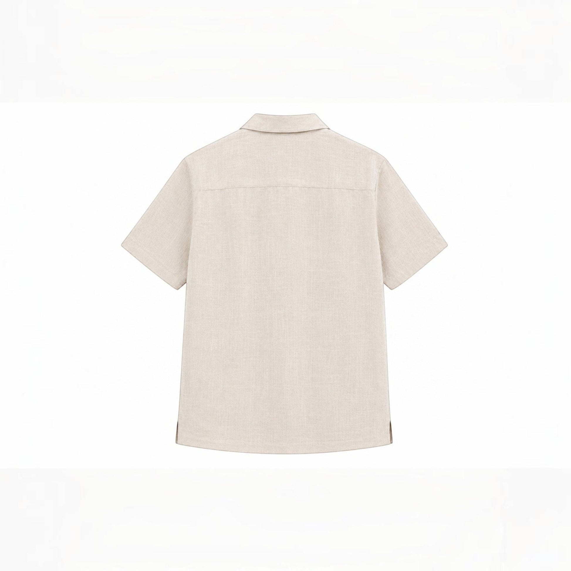 MU SHOP beige linen short-sleeve shirt with a soft collar and rounded hem. Relaxed fit.