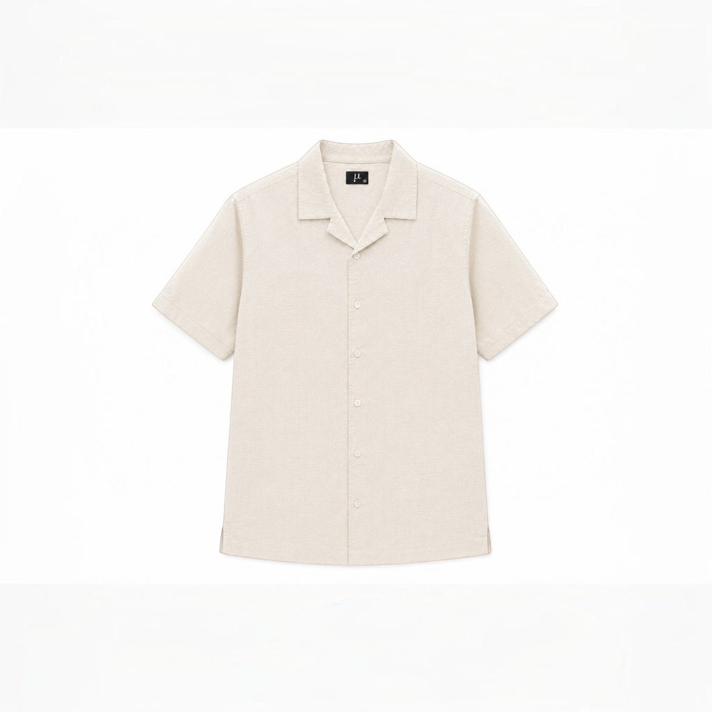 MU SHOP beige linen short-sleeve shirt with a relaxed fit and soft collar.