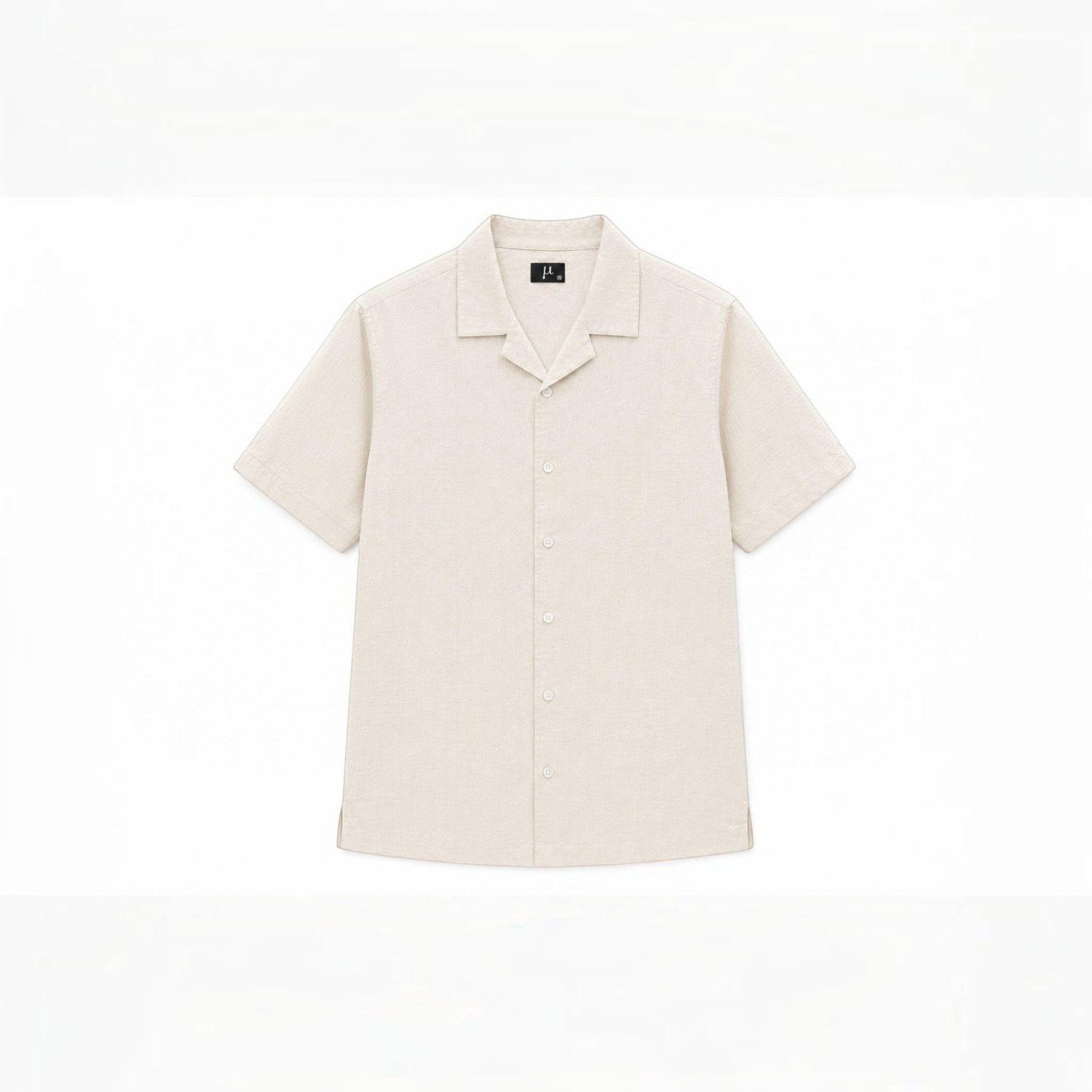 MU SHOP beige linen short-sleeve shirt with a relaxed fit and soft collar.