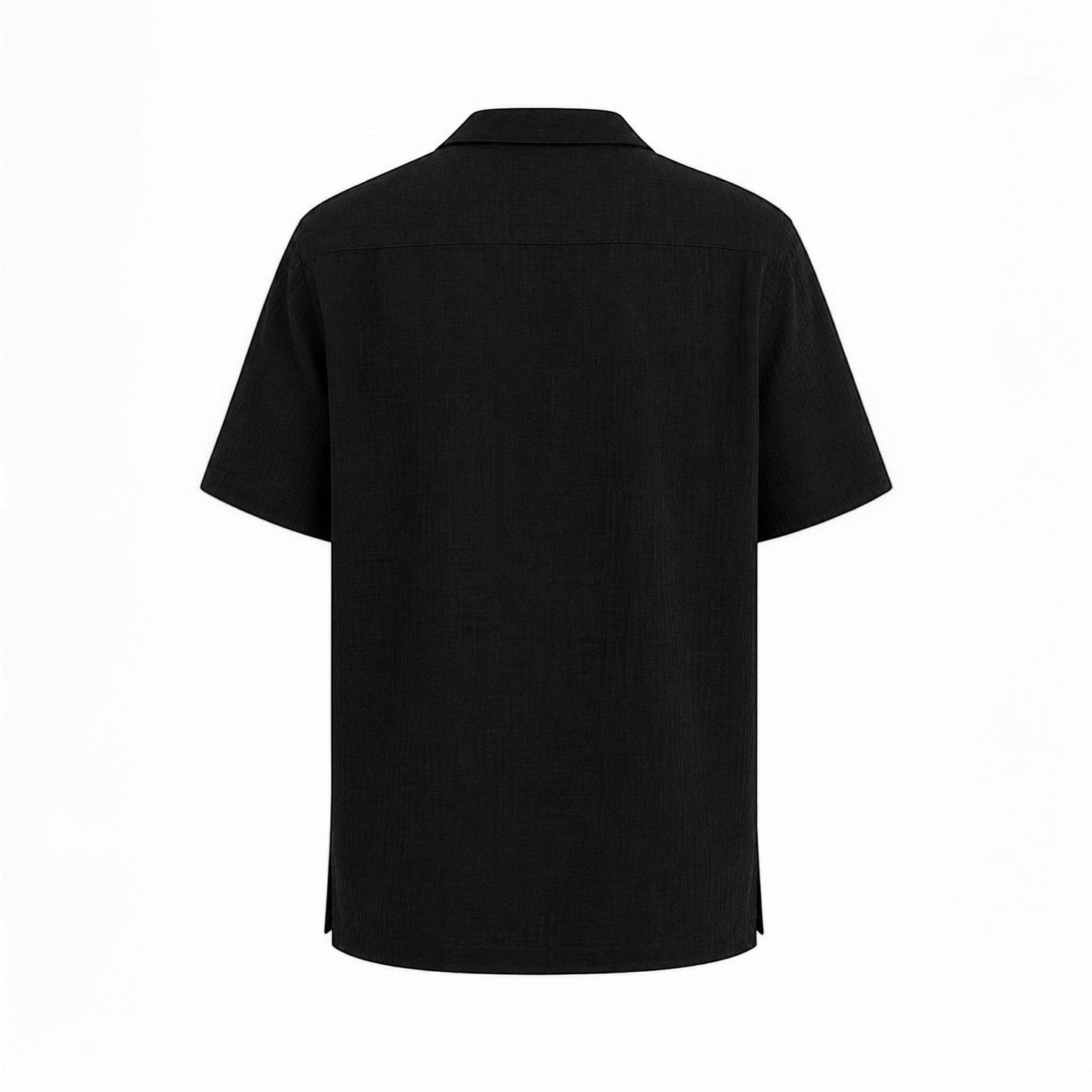 MU SHOP black linen short-sleeve shirt with a soft structured collar and matte buttons. Relaxed fit.