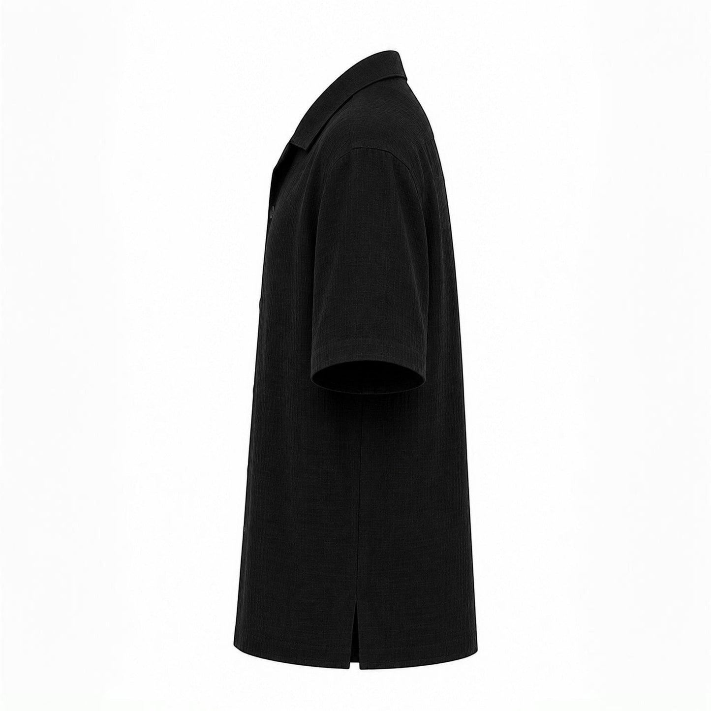 MU SHOP black linen short-sleeve shirt with a soft structured collar and matte buttons. Relaxed fit.