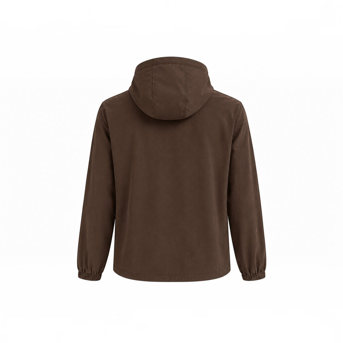 MU SHOP brown hooded zip jacket from a three-piece set with long sleeves and elasticated cuffs, back view.
