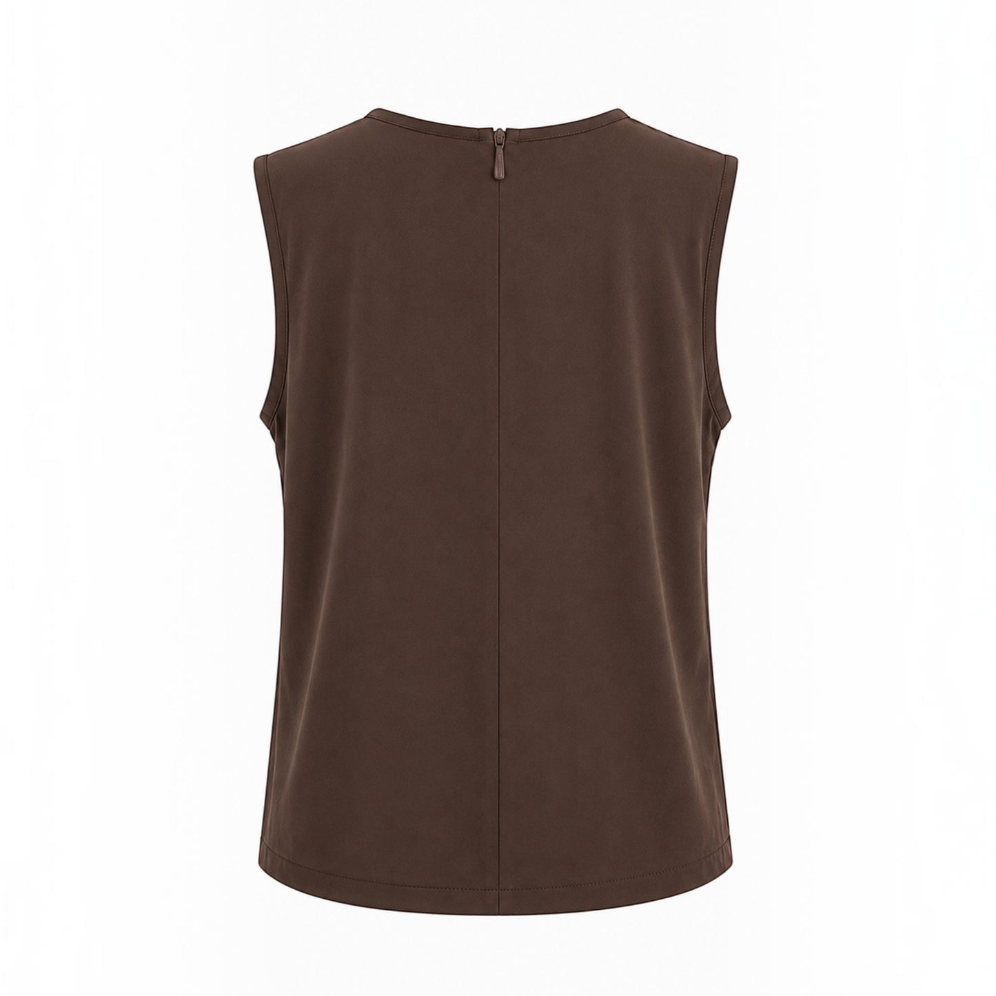 Back view of MU SHOP brown sleeveless top with a small zipper detail at the neckline in soft breathable fabric.