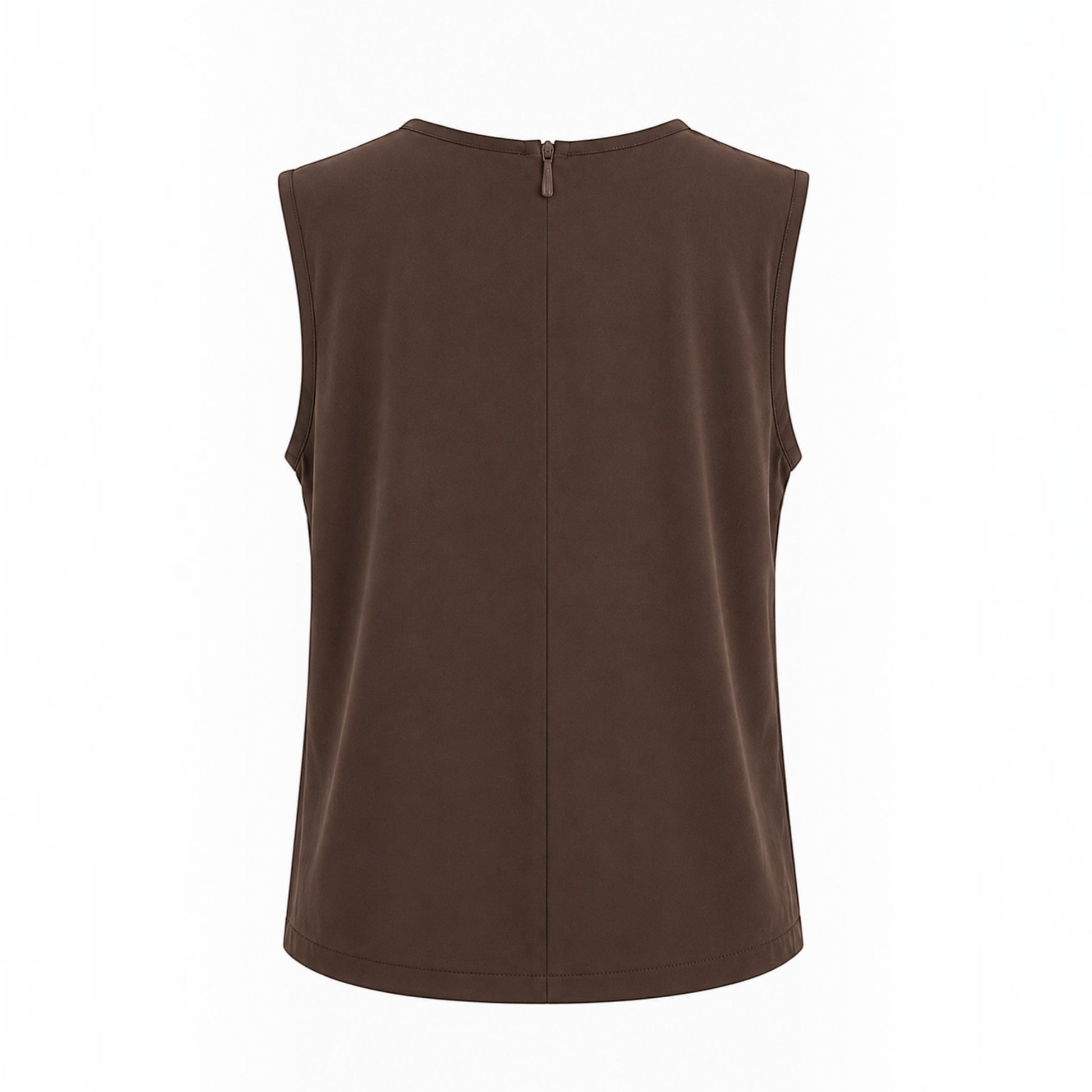 Back view of MU SHOP brown sleeveless top with a small zipper detail at the neckline in soft breathable fabric.