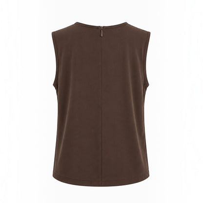 Back view of MU SHOP brown sleeveless top with a small zipper detail at the neckline in soft breathable fabric.