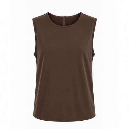 MU SHOP brown sleeveless top in soft breathable fabric with a round neckline and relaxed fit