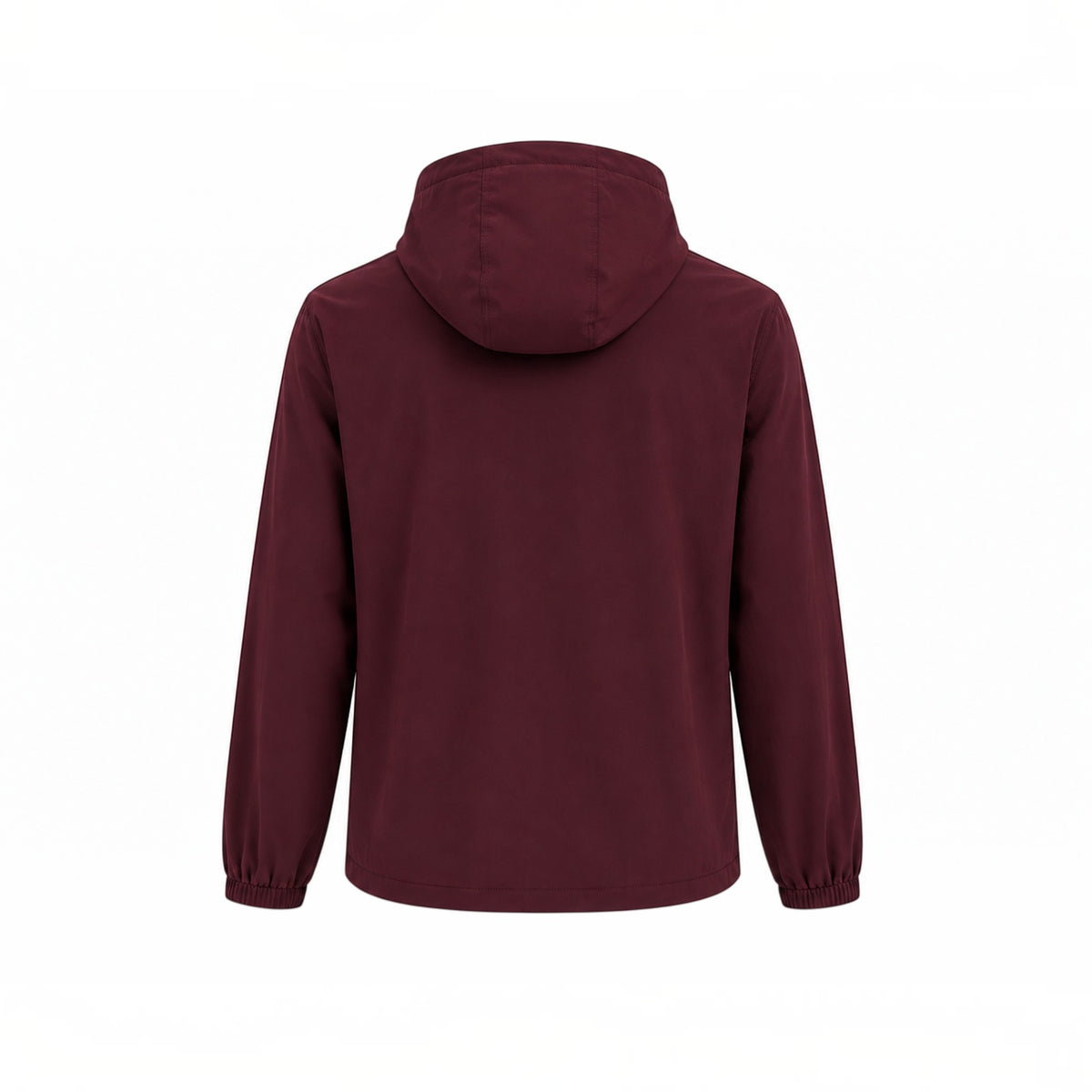 Back view of MU SHOP burgundy hooded zip jacket with long sleeves and elastic cuffs in soft breathable fabric