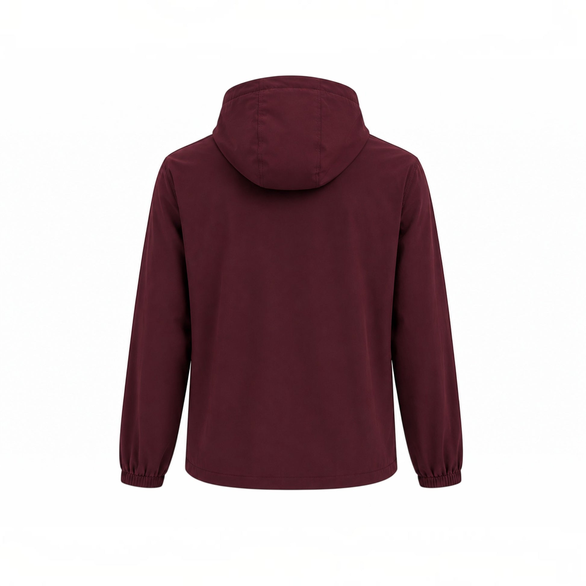 Back view of MU SHOP burgundy hooded zip jacket with long sleeves and elastic cuffs in soft breathable fabric