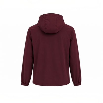 Back view of MU SHOP burgundy hooded zip jacket with long sleeves and elastic cuffs in soft breathable fabric