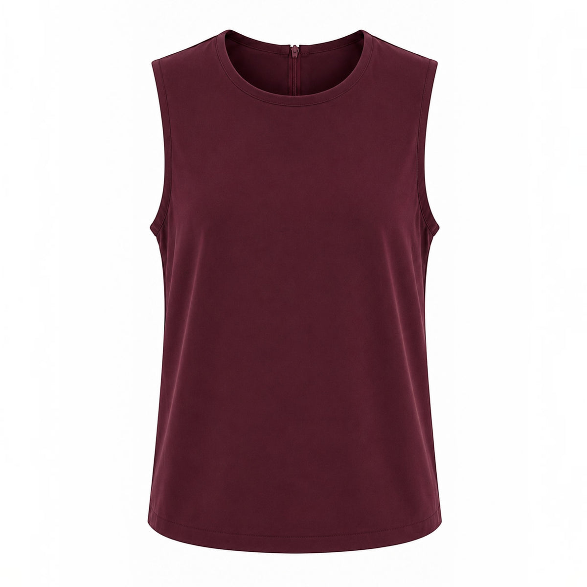 MU SHOP burgundy sleeveless top with a round neckline and back zip closure in soft, breathable fabric.