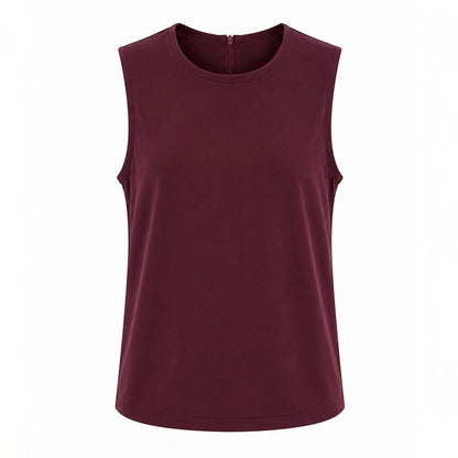 MU SHOP burgundy sleeveless top with a round neckline and back zip closure in soft, breathable fabric.
