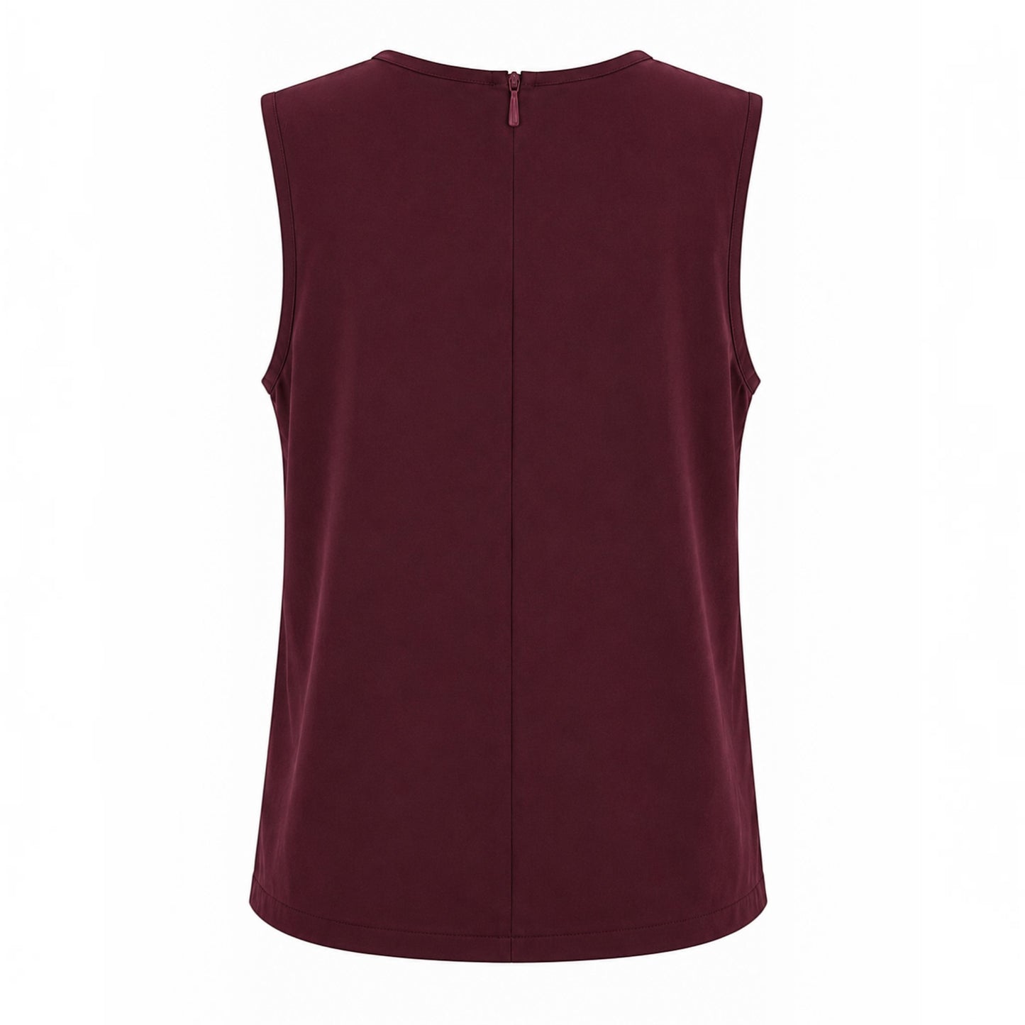 Back view of MU SHOP burgundy sleeveless top with a small back zipper closure in soft breathable fabric.
