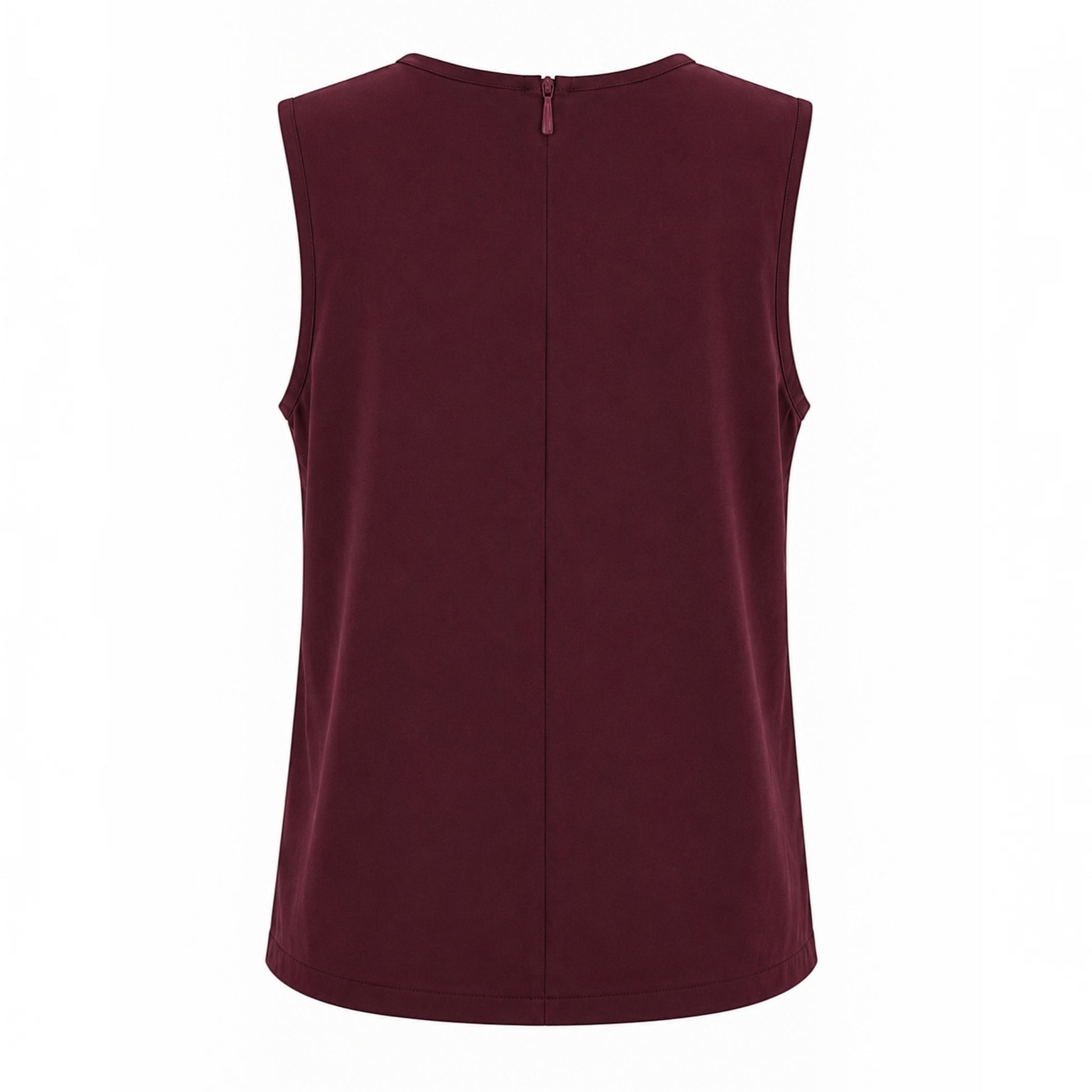 Back view of MU SHOP burgundy sleeveless top with a small back zipper closure in soft breathable fabric.