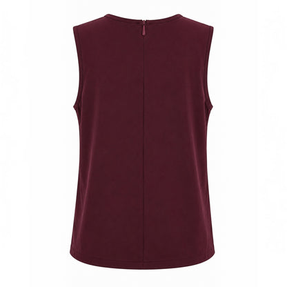 Back view of MU SHOP burgundy sleeveless top with a small back zipper closure in soft breathable fabric.