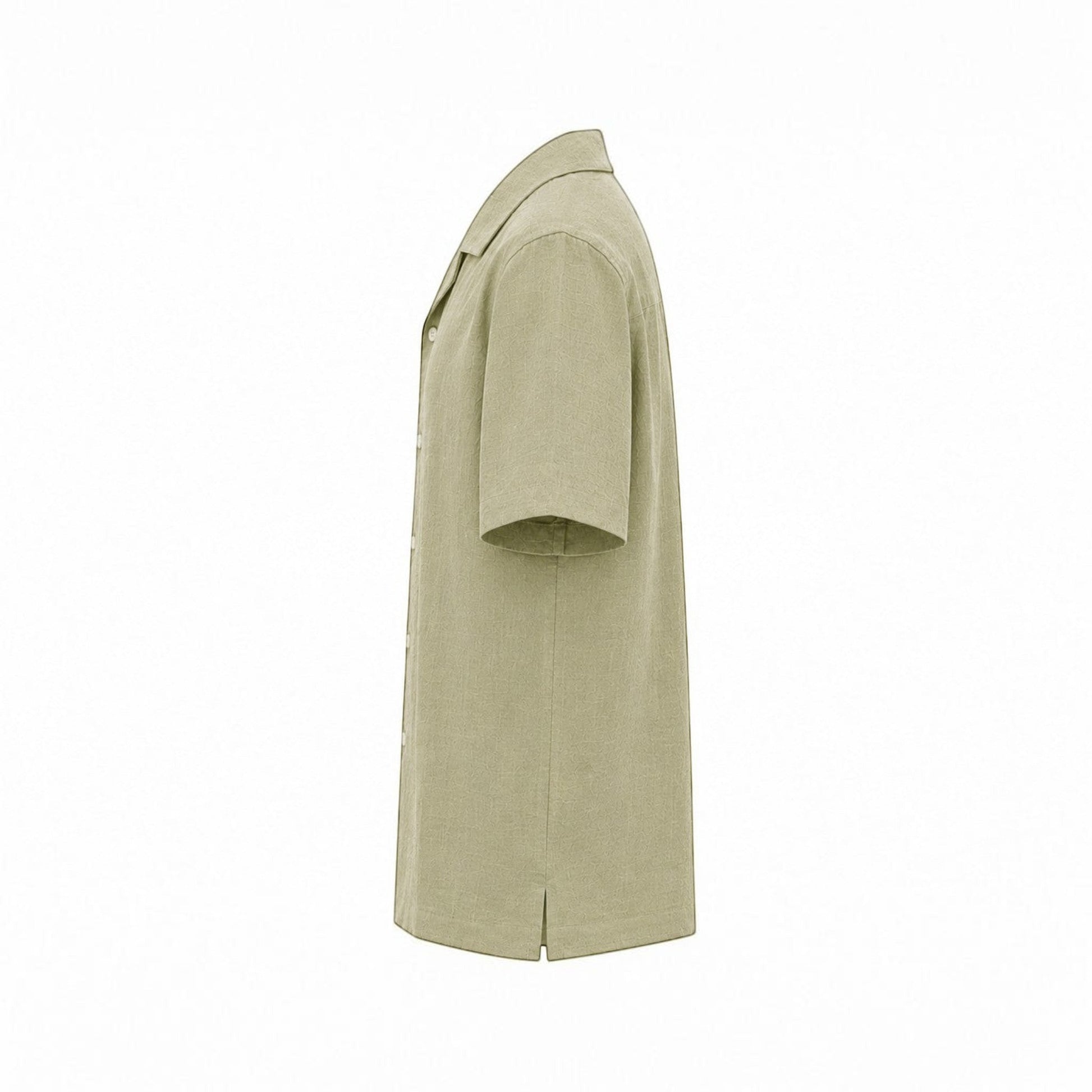 MU SHOP Mu Linen Shirt in sun-washed olive green. Short-sleeve, breathable, lightweight, relaxed fit, rounded hem.