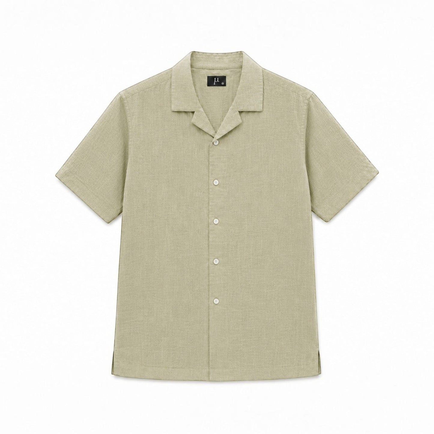 MU SHOP Men's short-sleeve olive green linen shirt with camp collar and white buttons.