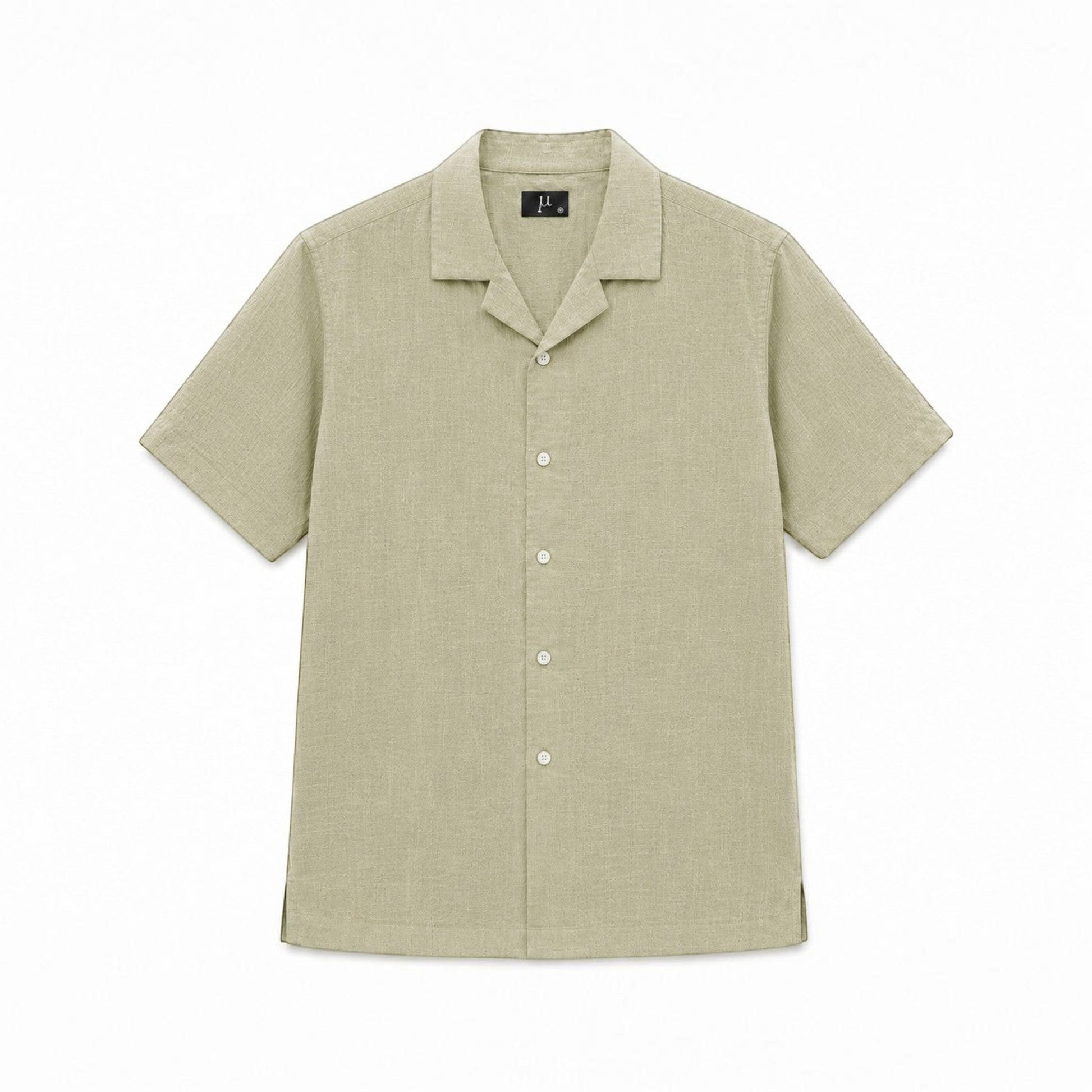 MU SHOP Men's short-sleeve olive green linen shirt with camp collar and white buttons.