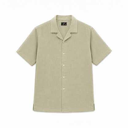 MU SHOP Men's short-sleeve olive green linen shirt with camp collar and white buttons.