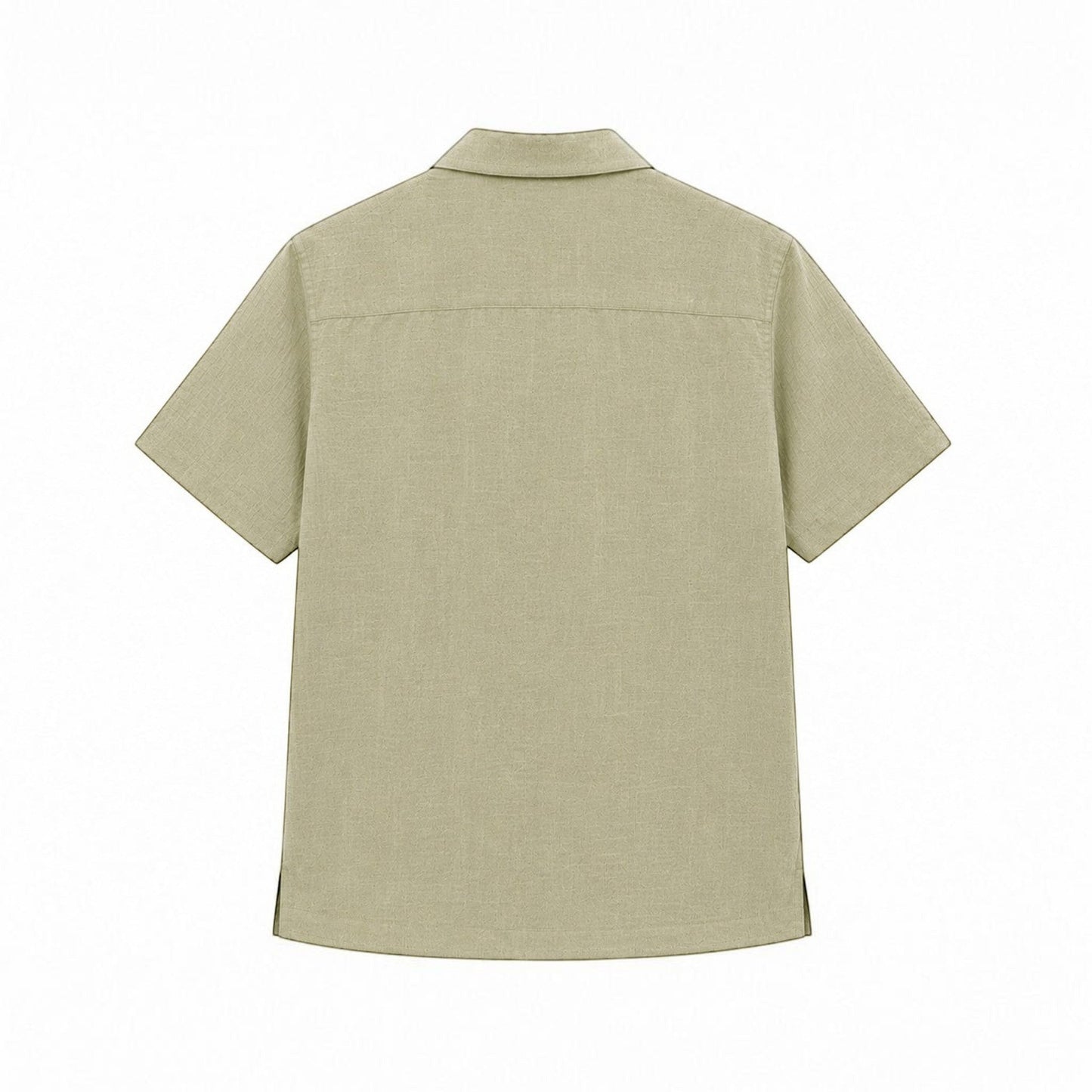 MU SHOP olive green 100% linen short-sleeve shirt with a relaxed fit and rounded hem.