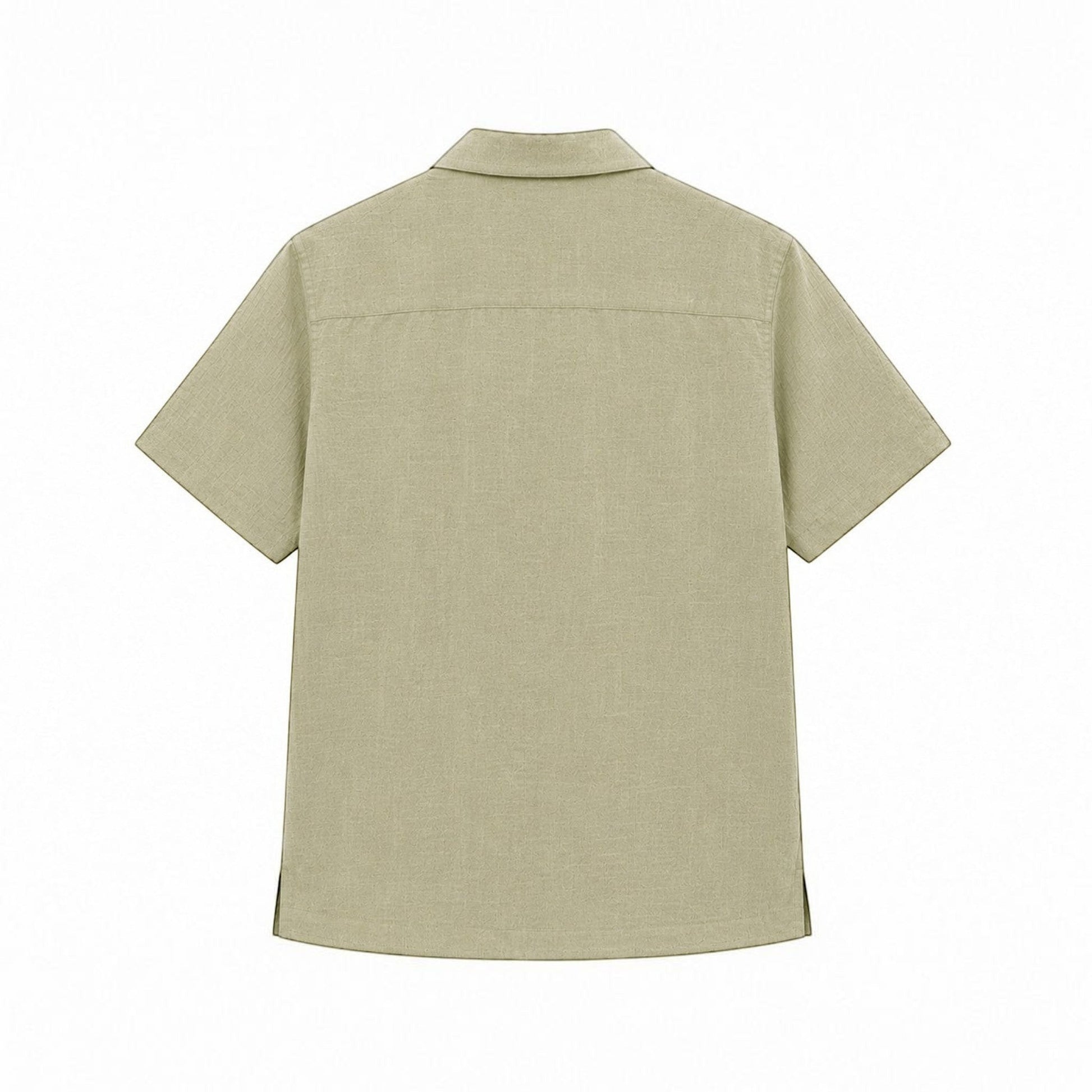 MU SHOP olive green 100% linen short-sleeve shirt with a relaxed fit and rounded hem.