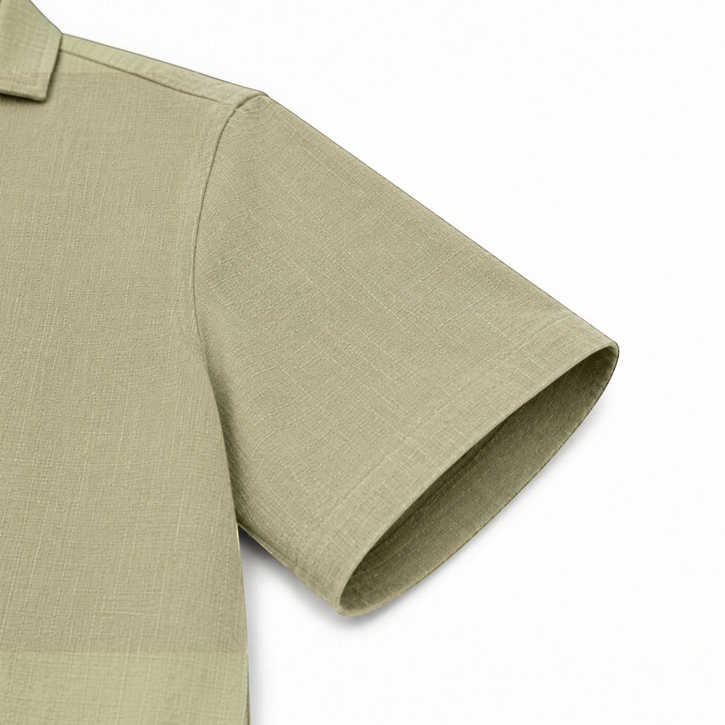 MU SHOP olive green 100% linen short-sleeve shirt with a relaxed fit and rounded hem.