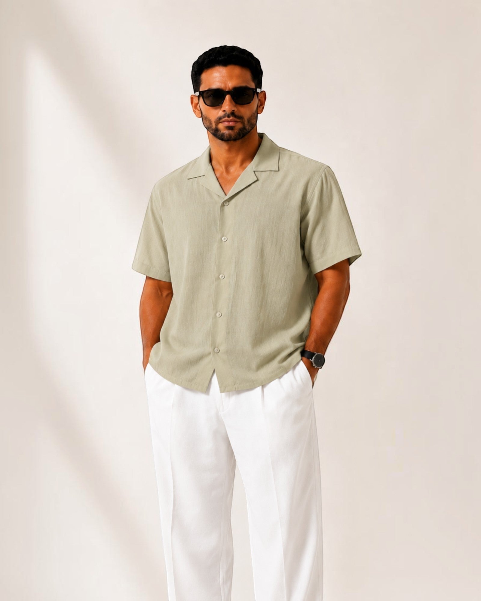 MU SHOP Men's Sun-Washed Olive 100% Linen Short-Sleeve Shirt with camp collar and rounded hem.