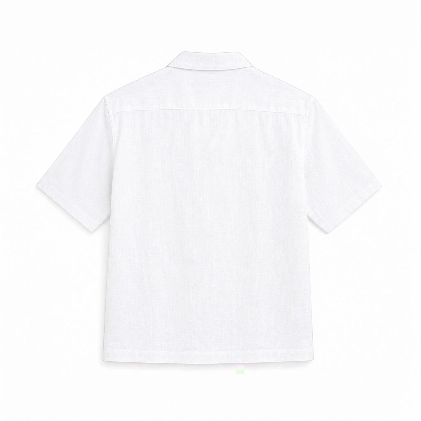 MU SHOP white linen short-sleeve shirt with a soft structured collar and relaxed fit.