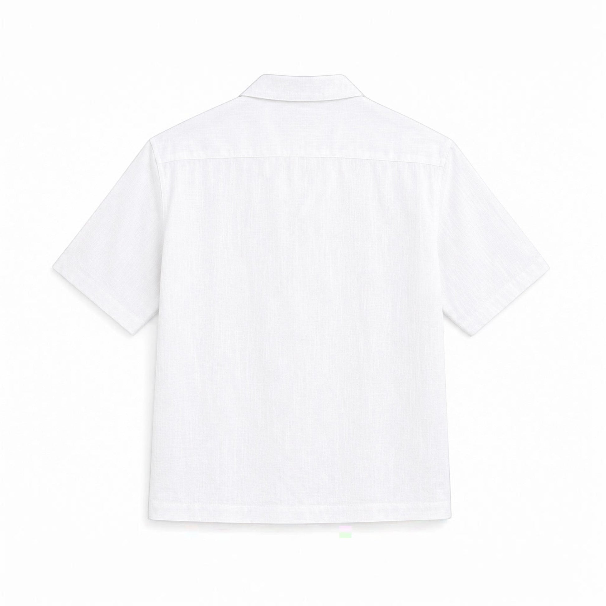 MU SHOP white linen short-sleeve shirt with a soft structured collar and relaxed fit.