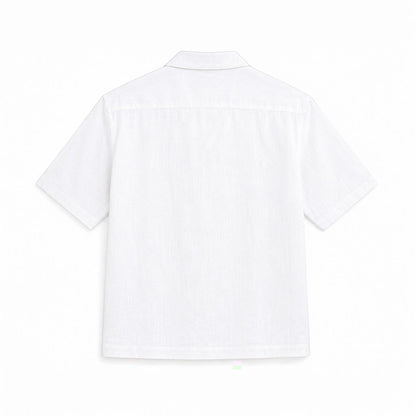 MU SHOP white linen short-sleeve shirt with a soft structured collar and relaxed fit.