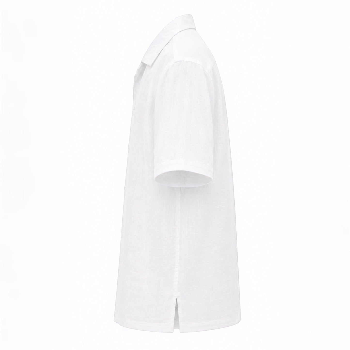 MU SHOP white linen short-sleeve shirt with a soft structured collar and relaxed fit.
