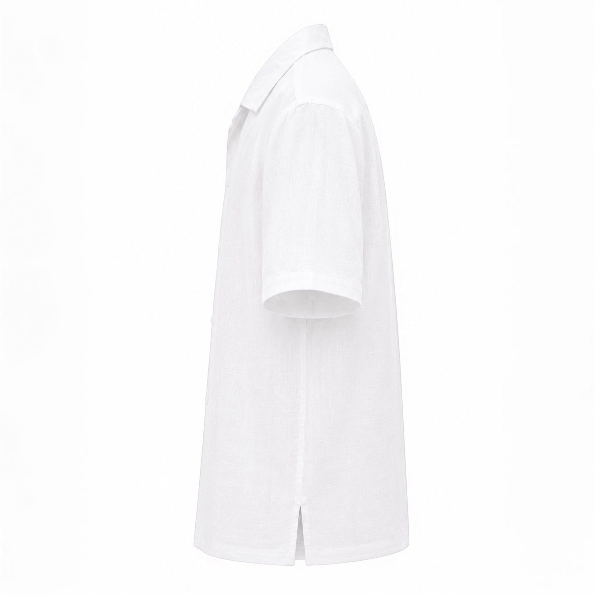 MU SHOP white linen short-sleeve shirt with a soft structured collar and relaxed fit.