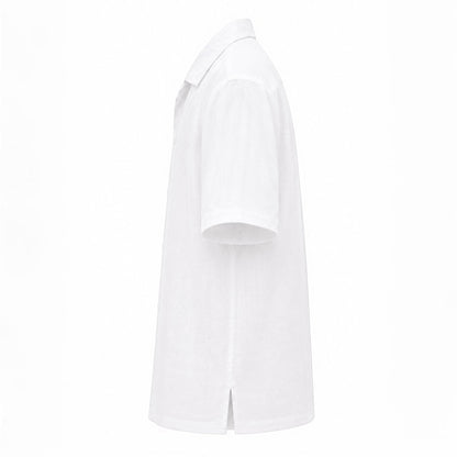 MU SHOP white linen short-sleeve shirt with a soft structured collar and relaxed fit.