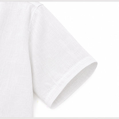 MU SHOP white linen short-sleeve shirt with a relaxed fit and soft structured collar.