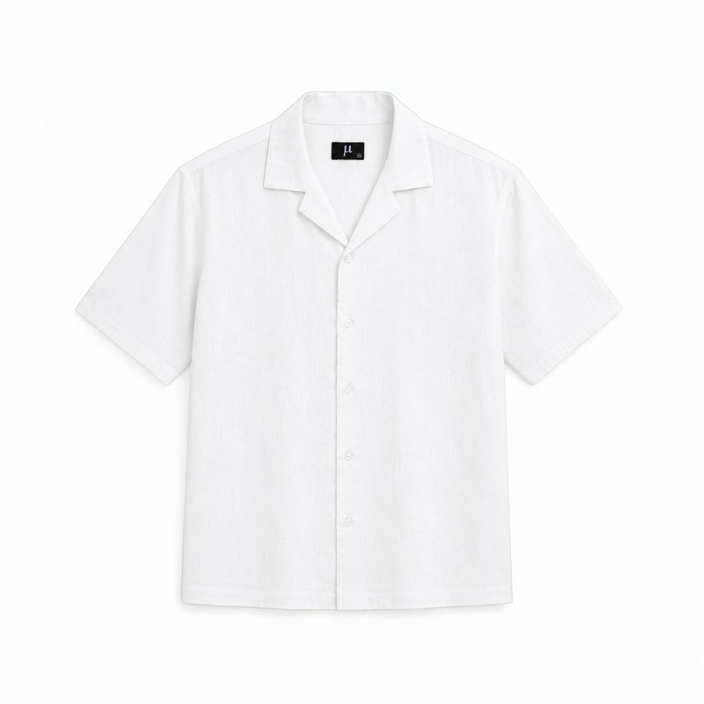 MU SHOP white linen short-sleeve shirt with a relaxed fit and open collar, perfect for summer.